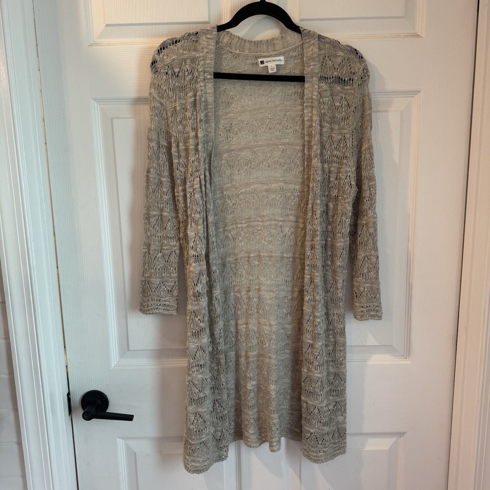 Valerie Bertinelli Cardigan Duster Open Sweater 3/4 Sleeve Tan Women Sz L